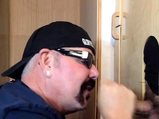 Barebacked gloryhole DILF sucks BFs cock