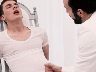 Bound virgin twinks cock milked by DILF