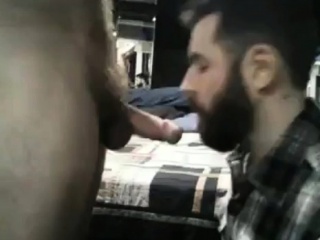 Bearded guy gets facefucked and swallows cum