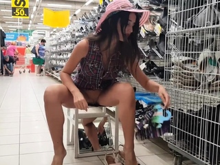 Babe no panties shows pussy shoes...