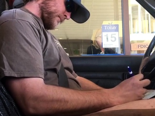 Horny guy bustin a nut at the bank ( hands free public cum )