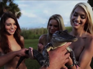 Naked badass babes visiting a gator farm