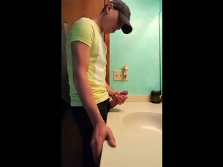 Straight hunk with fat dick jerks off in bathroom