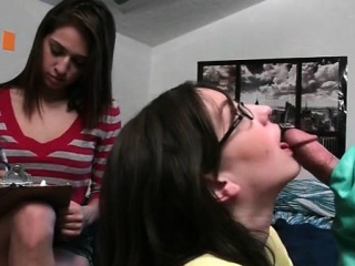 Playful college girls learning to give blowjob